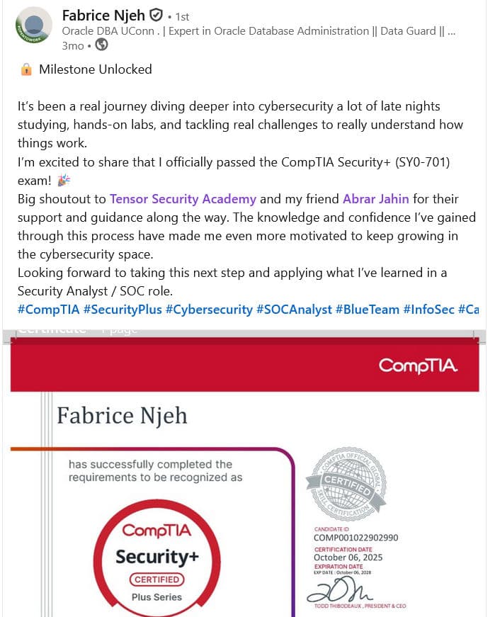 TSA student achieving CompTIA Security+ certification